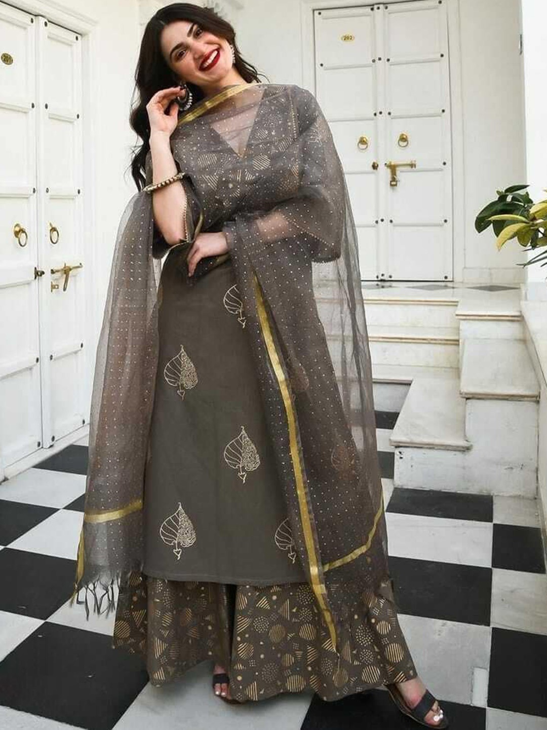

KALINI Floral Printed Regular Kurta With Palazzos & Dupatta, Grey