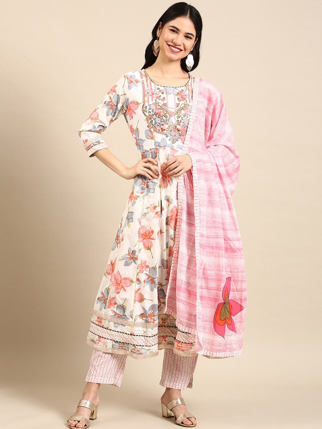 

KALINI Floral Printed Anarkali Regular Thread Work Pure Cotton Kurta Set, White