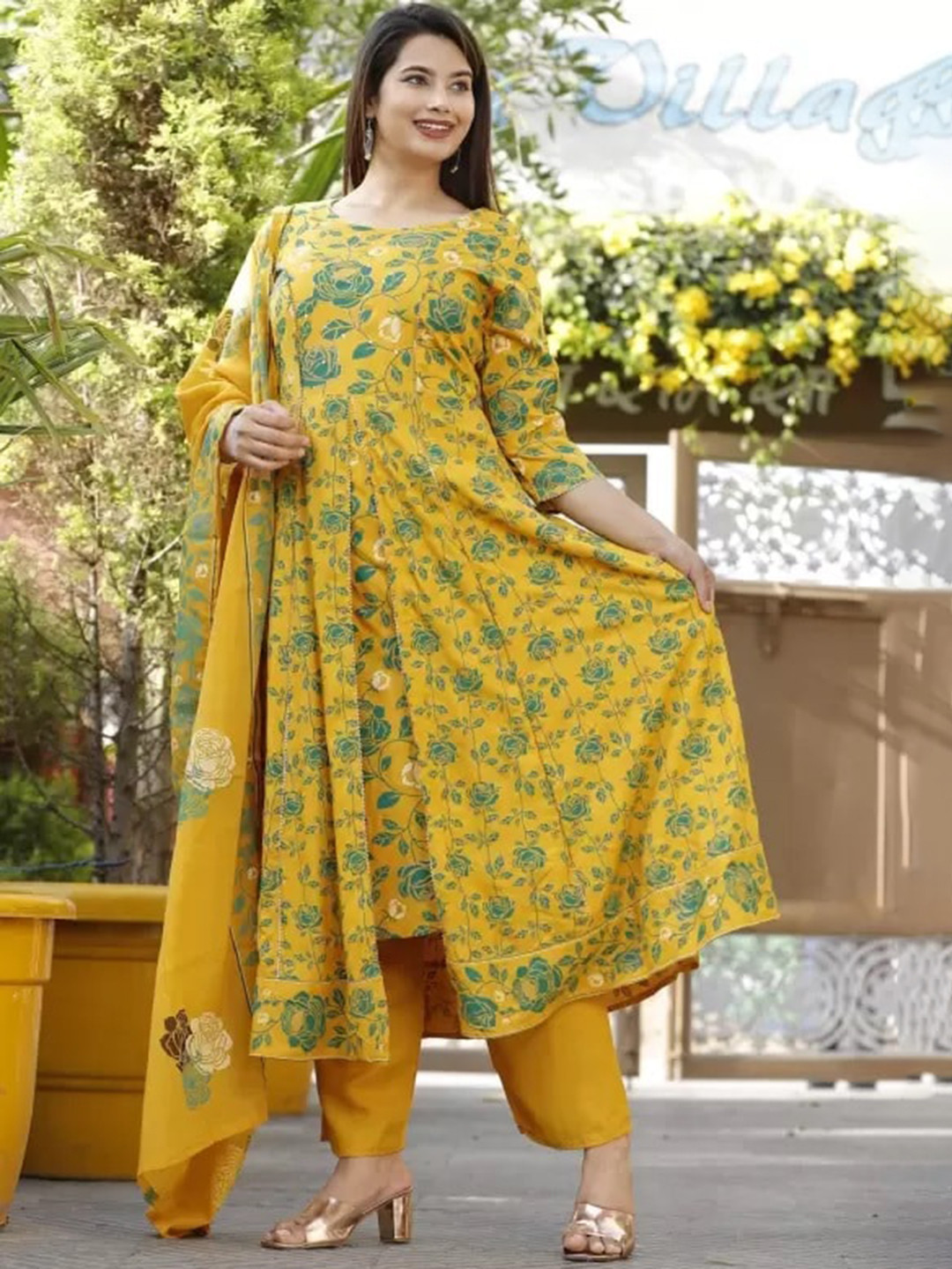 

KALINI Floral Printed Layered Gotta Patti Pure Cotton Kurta With Palazzos & Dupatta, Yellow