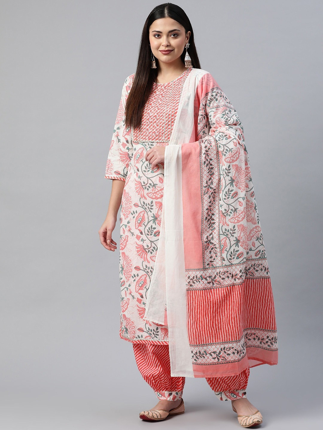 

KALINI Floral Printed Regular Thread Work Pure Cotton Kurta With Salwar & Dupatta, White