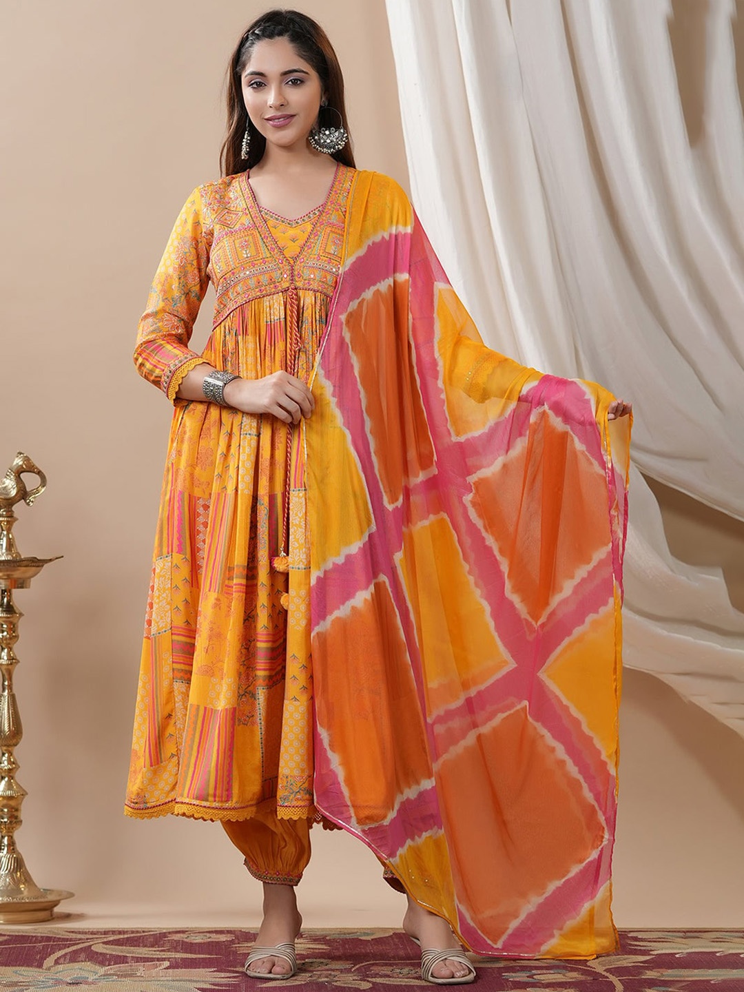 

KALINI Ethnic Motifs Printed Empire Thread Work Pure Cotton Kurta With Salwar & Dupatta, Yellow