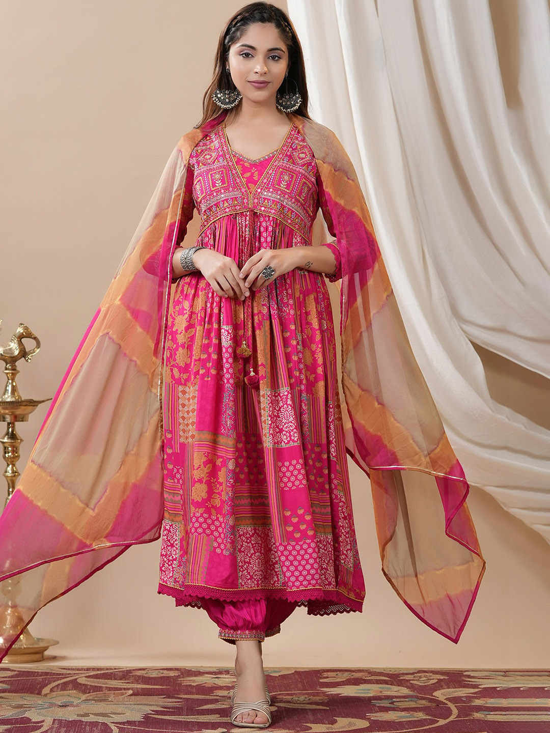 

KALINI Ethnic Motifs Printed Empire Thread Work Pure Cotton Kurta With Trousers & Dupatta, Pink