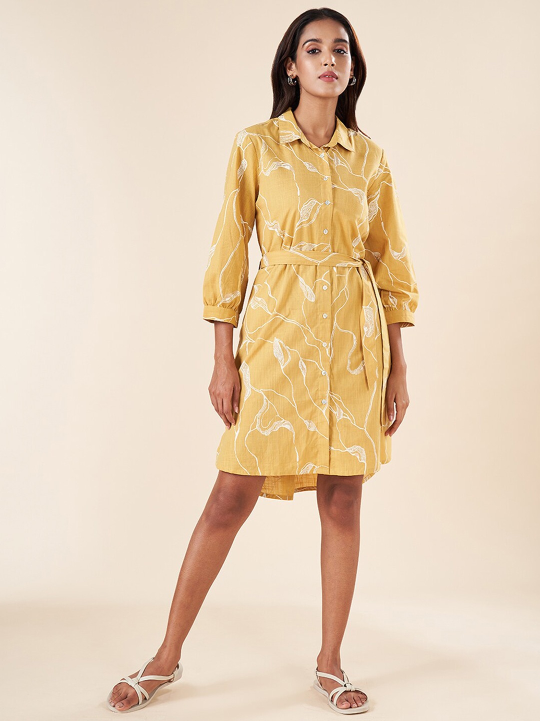 

AKKRITI BY PANTALOONS Abstract Printed Cotton Shirt Dress, Mustard