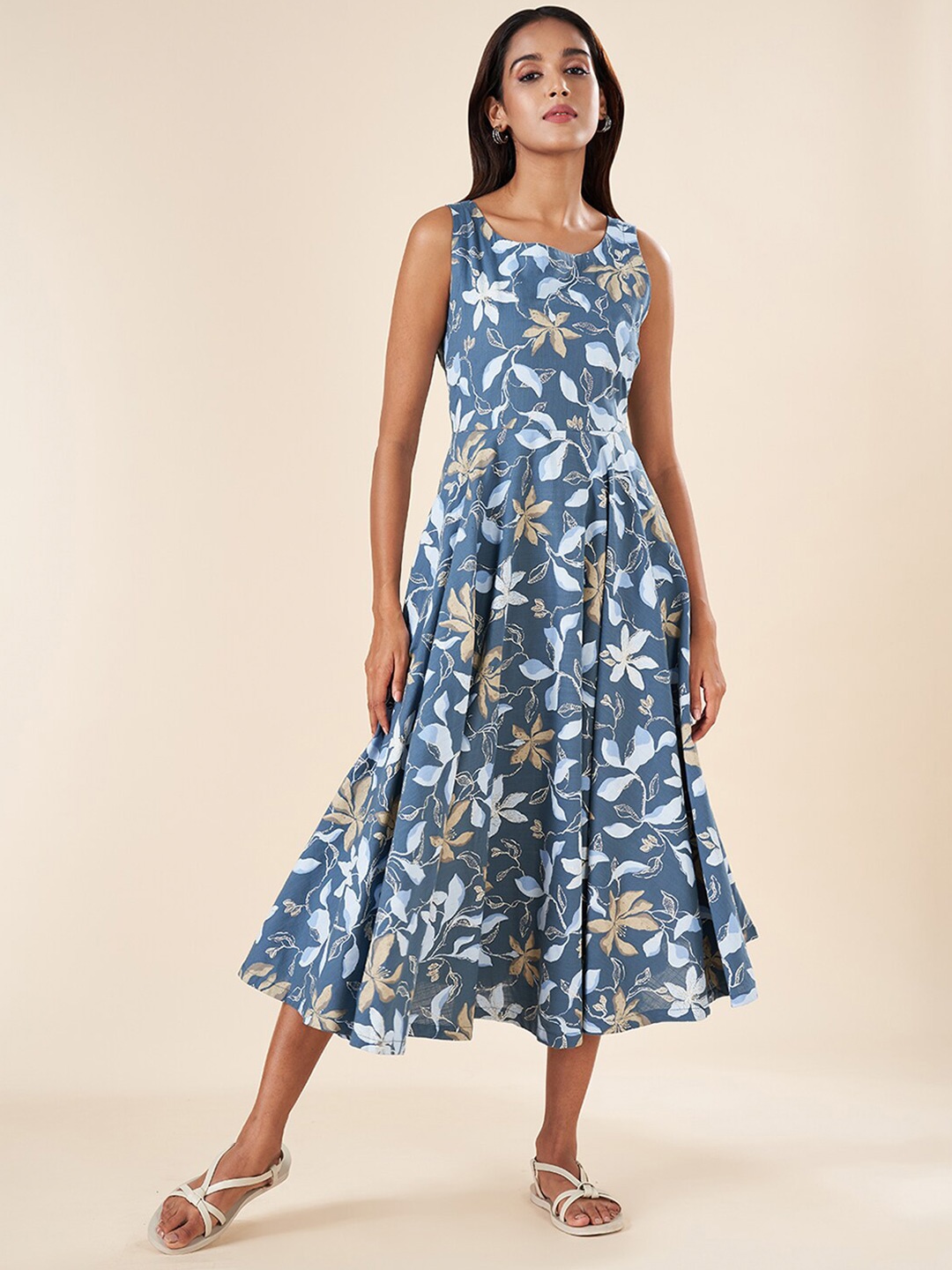 

AKKRITI BY PANTALOONS Floral Printed Sleeveless Cotton Fit & Flare Midi Dress, Blue