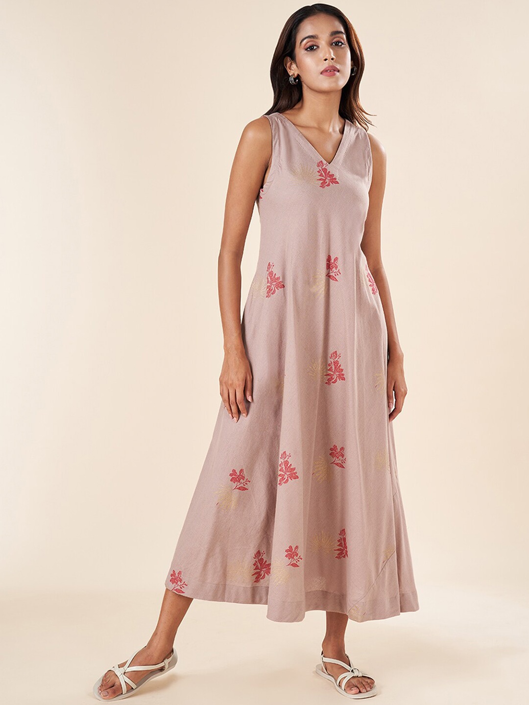 

AKKRITI BY PANTALOONS Floral Printed V-Neck Sleeveless Cotton A-Line Midi Dress, Grey