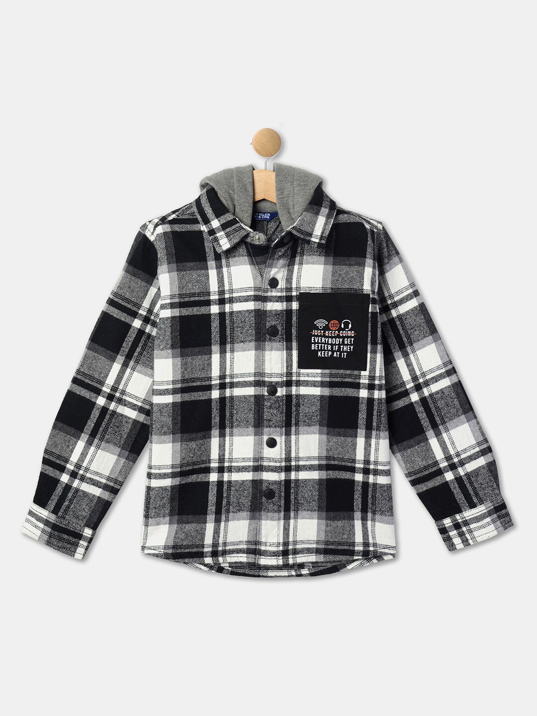 

R&B Boys Tartan Checks Hooded Cotton Casual Shirt, Black