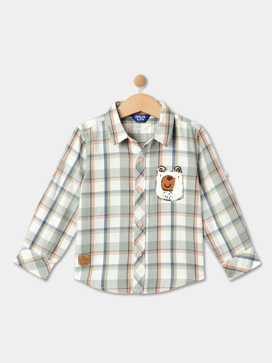 

R&B Boys Tartan Checks Roll-Up Sleeves Applique Detail Cotton Casual Shirt, White