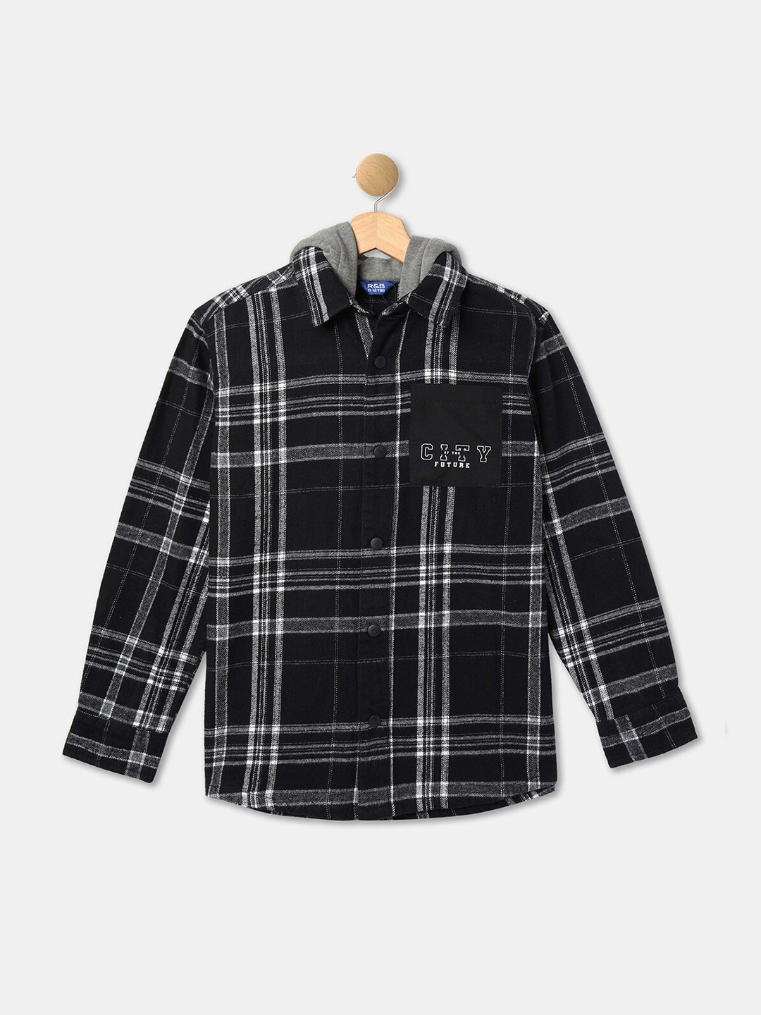 

R&B Boys Tartan Checks Hooded Cotton Casual Shirt, Black