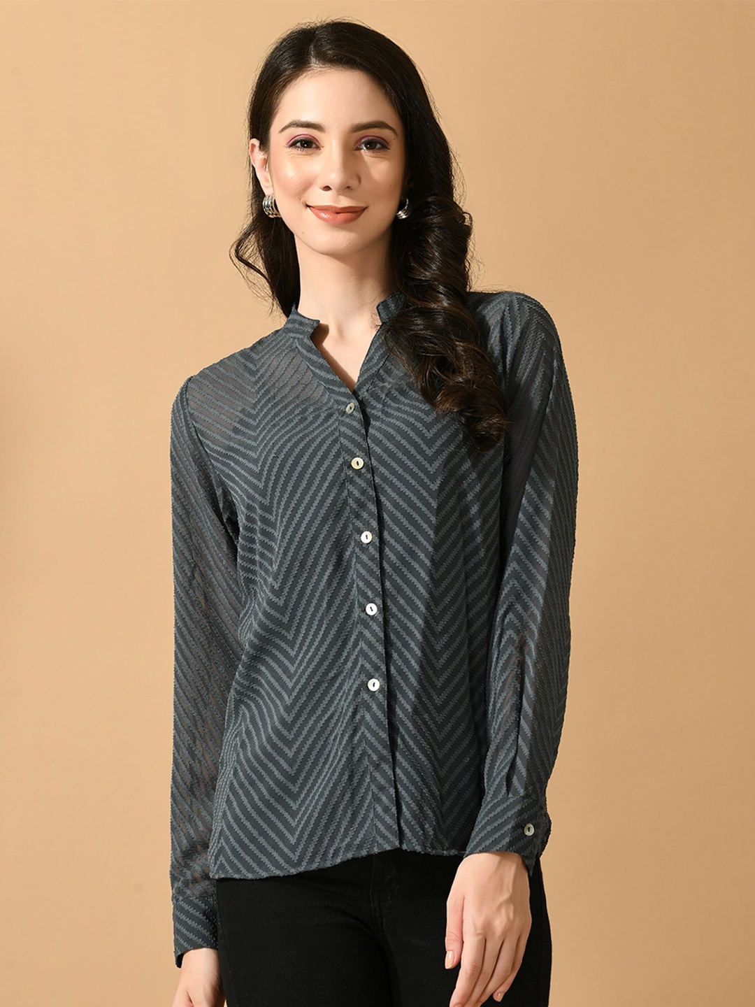 

Myshka Smart Sheer Geometric Printed Mandarin Collar Georgette Shirt, Grey