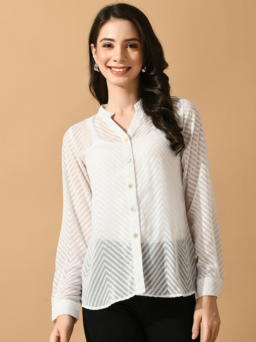 

Myshka Smart Sheer Geometric Printed Mandarin Collar Georgette Shirt, White