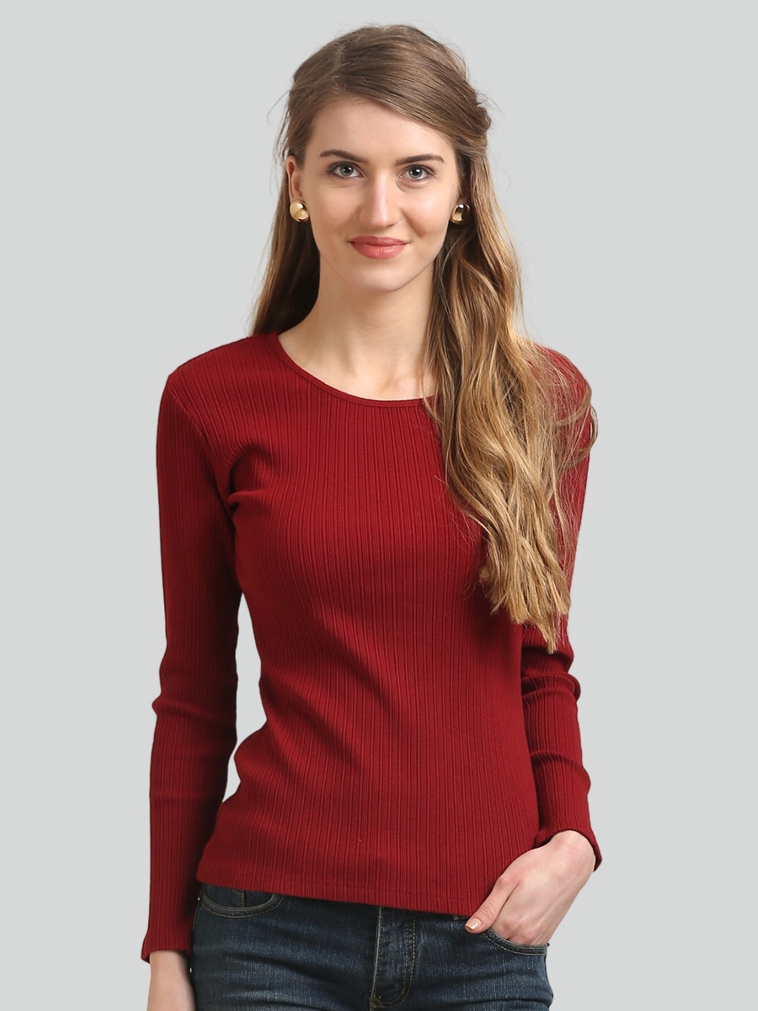 

Moda Elementi Self Designed Round Neck Regular Top, Maroon