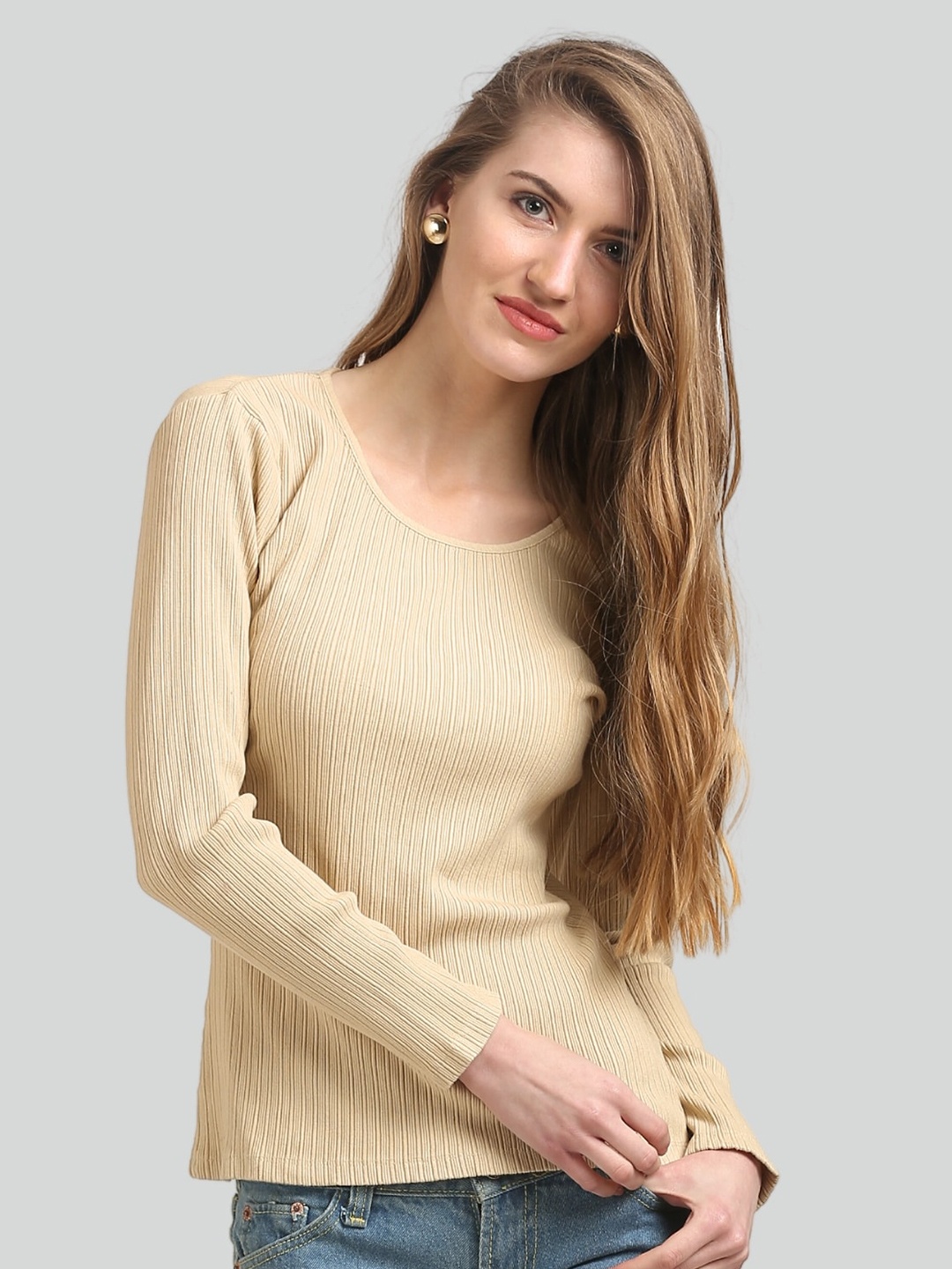 

Moda Elementi Self Designed Round Neck Fitted Top, Beige