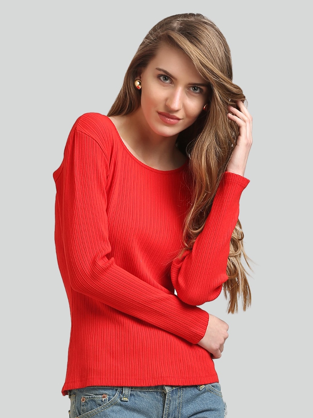 

Moda Elementi Self Design Long Sleeves Top, Red