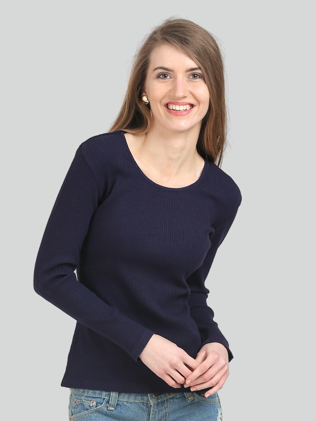 

Moda Elementi Self Designed Round Neck Fitted Top, Navy blue