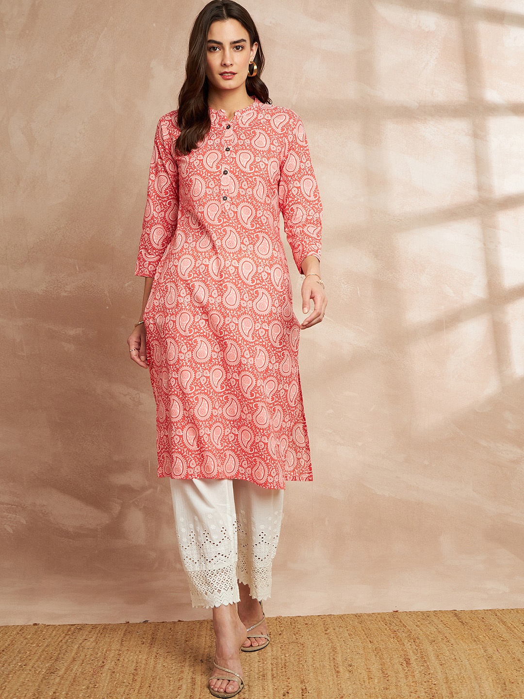 

all about you Paisley Printed Mandarin Collar Cotton Kurta, Peach