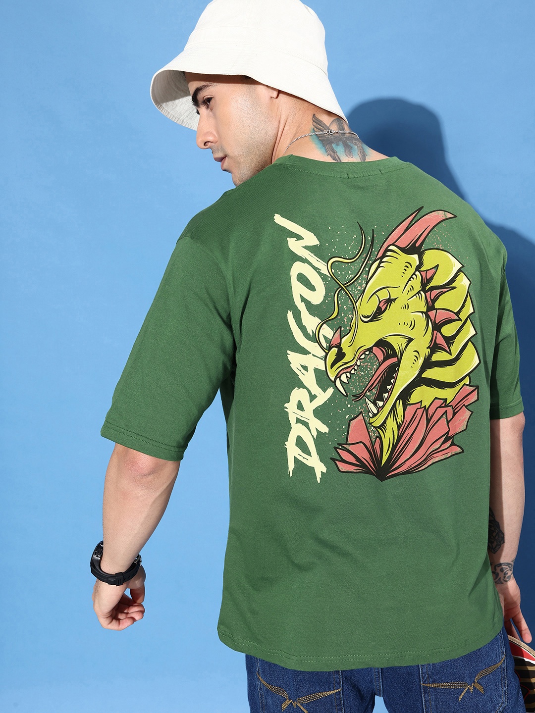 

FREE SOCIETY Men Graphic Printed Oversized T-shirt, Green