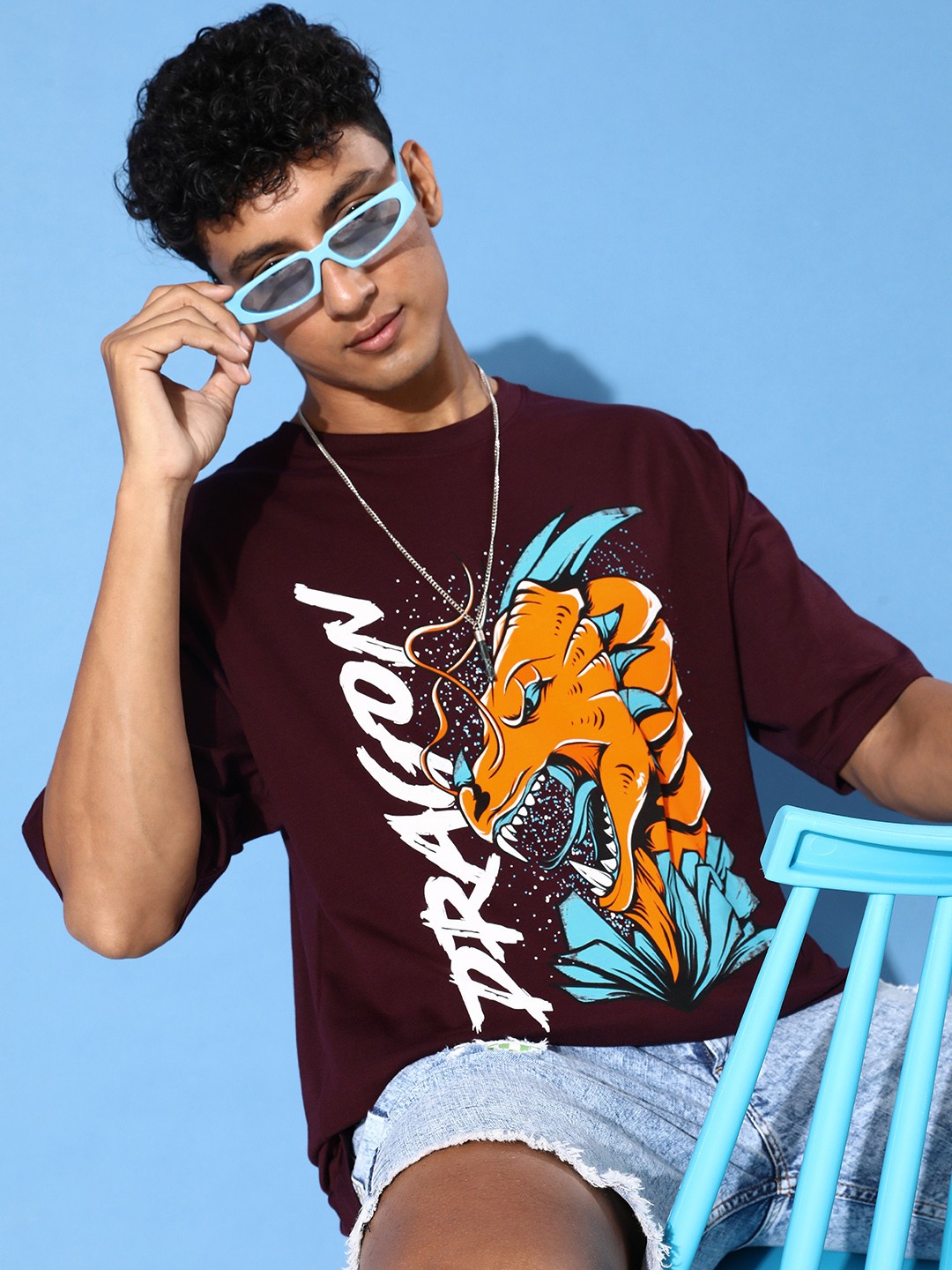 

FREE SOCIETY Men Graphic Printed Oversized T-shirt, Maroon