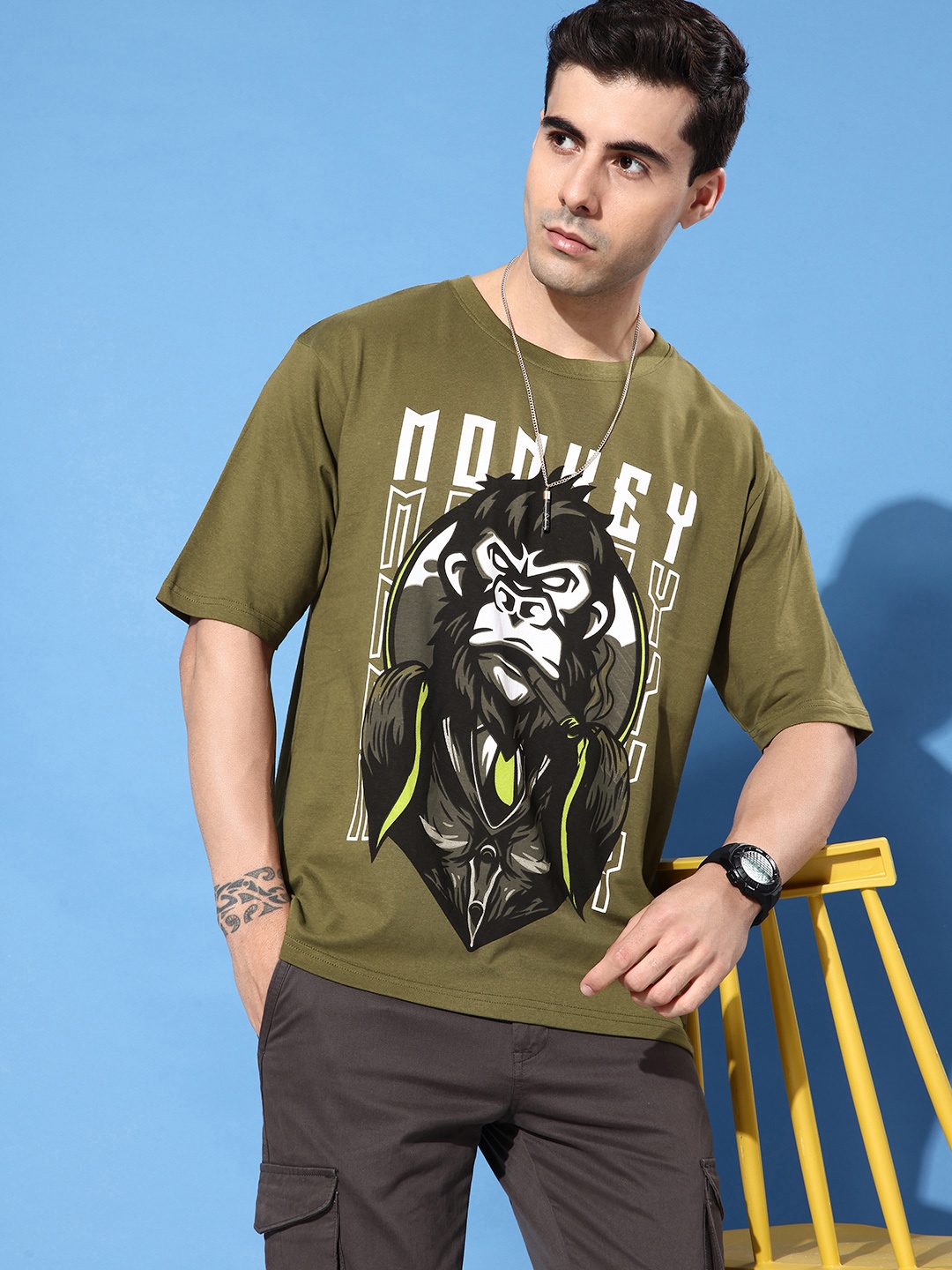 

FREE SOCIETY Men Graphic Printed Oversized T-shirt, Olive