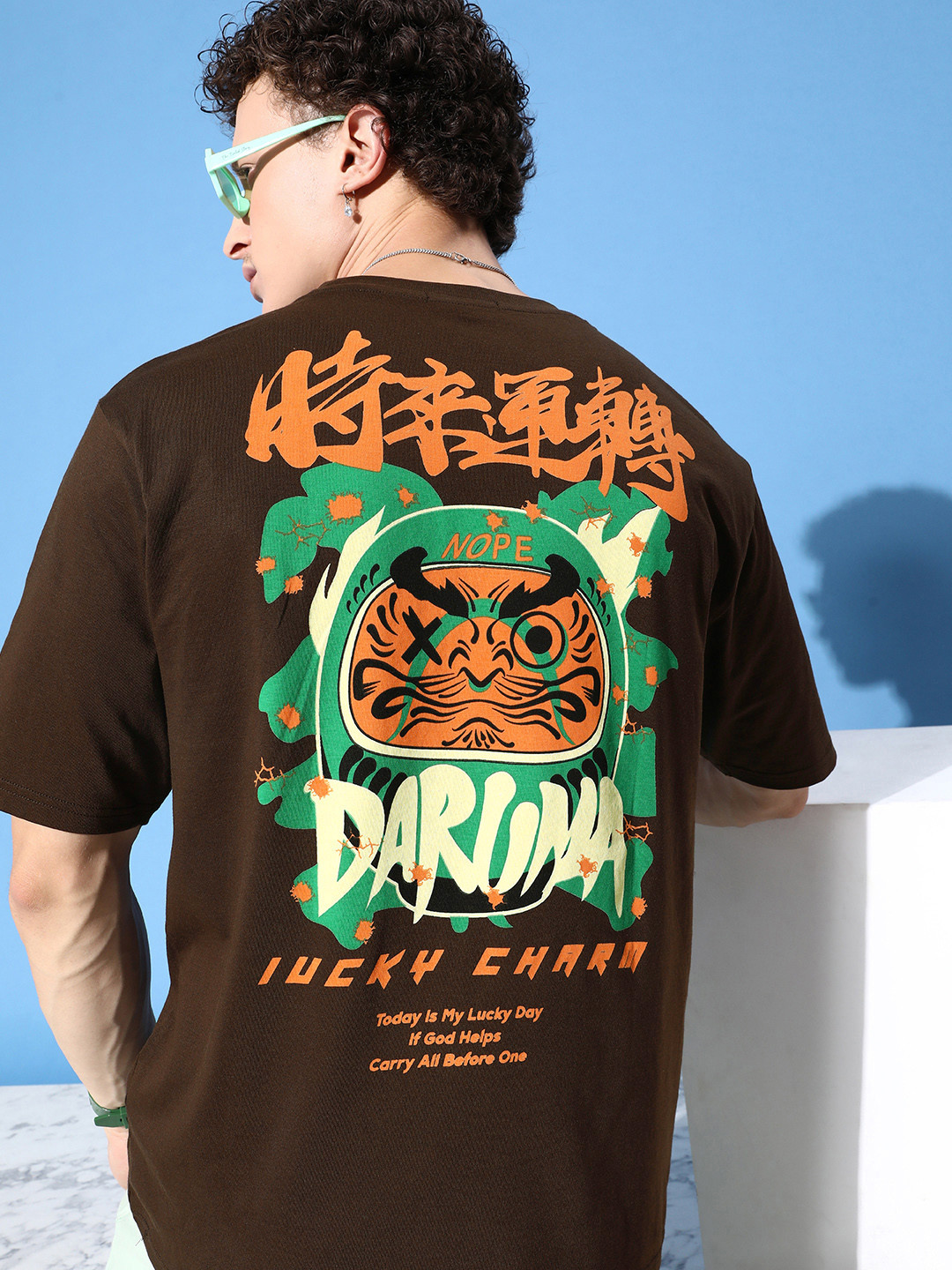 

FREE SOCIETY Men Graphic Printed Drop-Shoulder Sleeves Oversized Pure Cotton T-shirt, Brown