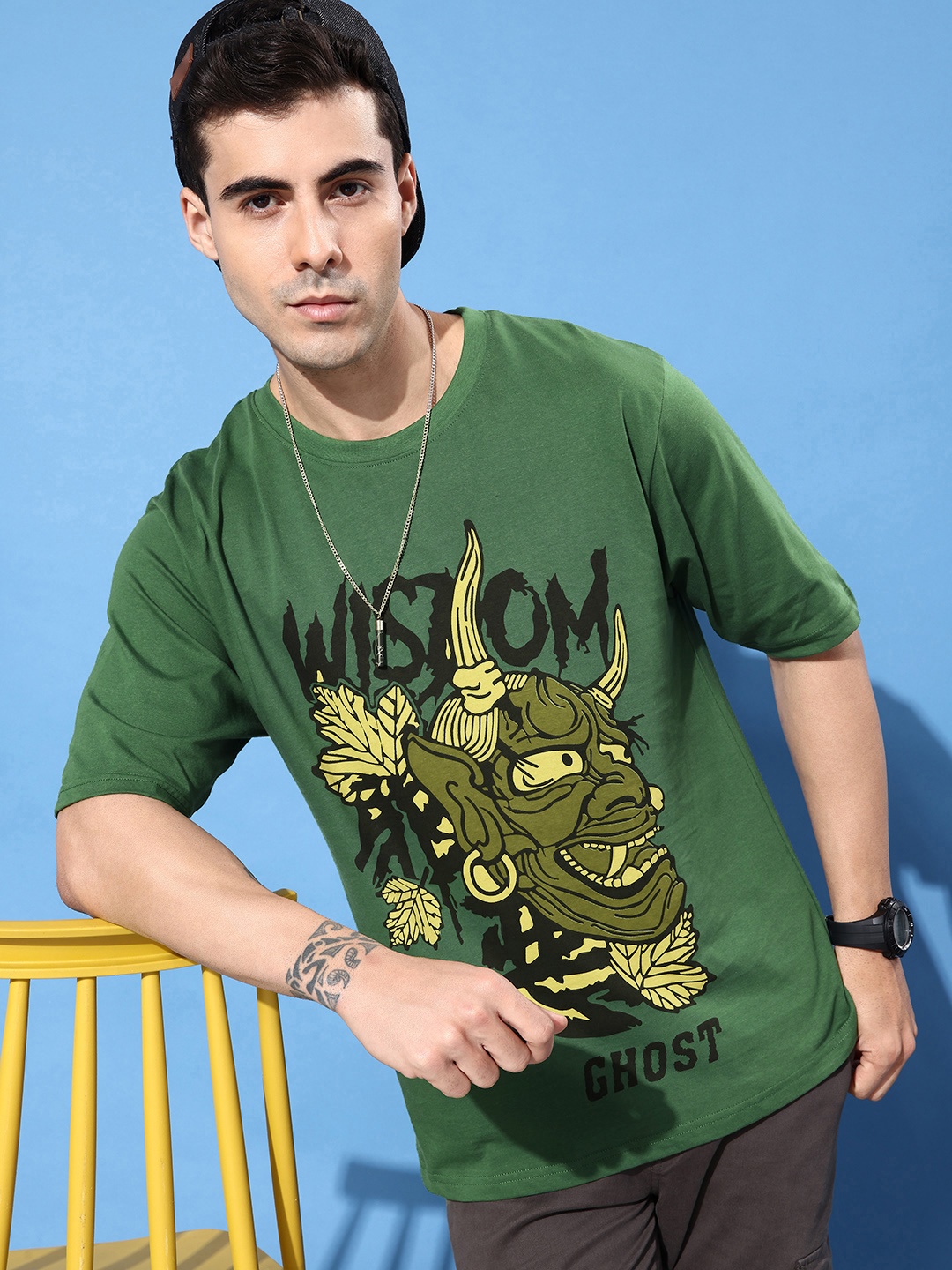 

FREE SOCIETY Men Graphic Printed Oversized T-shirt, Green