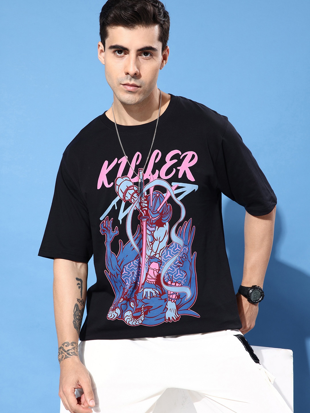 

FREE SOCIETY Men Graphic Printed Oversized T-shirt, Black