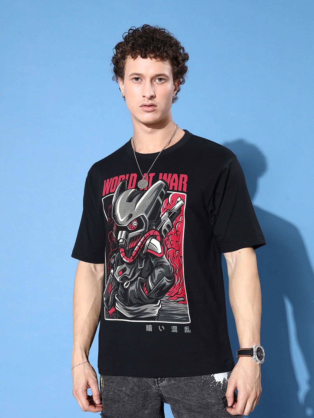 

FREE SOCIETY Men Graphic Printed Drop-Shoulder Sleeves Oversized Pure Cotton T-shirt, Black