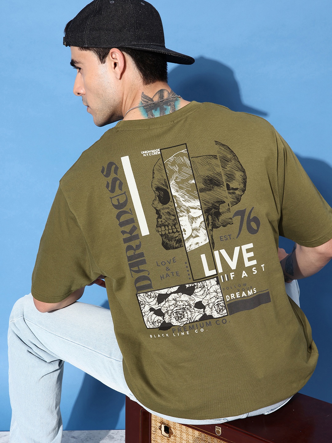 

FREE SOCIETY Men Graphic Printed Oversized T-shirt, Olive