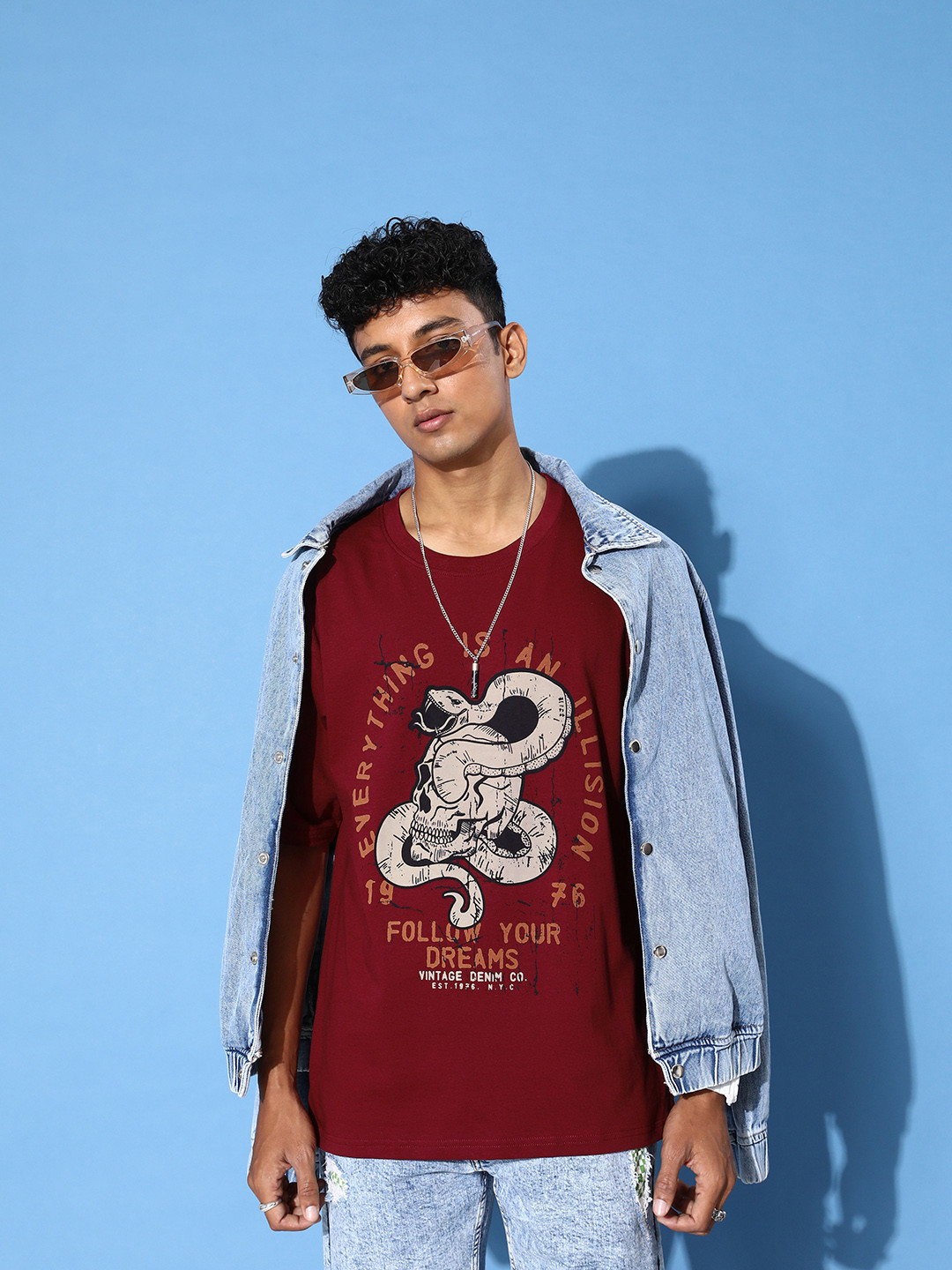 

FREE SOCIETY Men Graphic Printed Drop-Shoulder Sleeves Oversized Pure Cotton T-shirt, Maroon