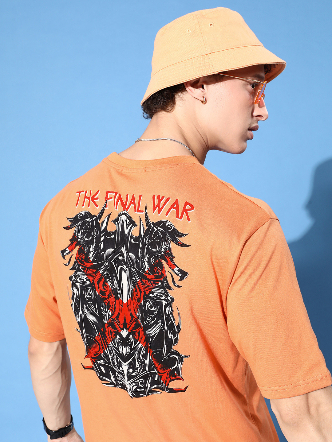

FREE SOCIETY Men Graphic Printed Drop-Shoulder Sleeves Oversized Pure Cotton T-shirt, Orange