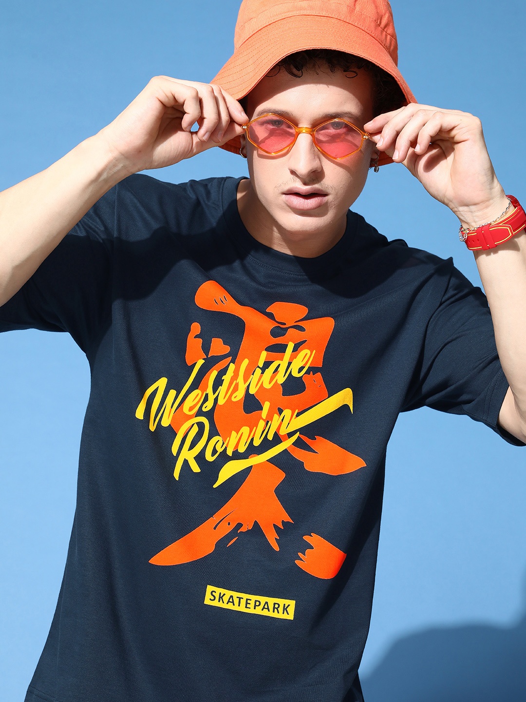 

FREE SOCIETY Men Printed Oversized Pure Cotton T-shirt, Navy blue