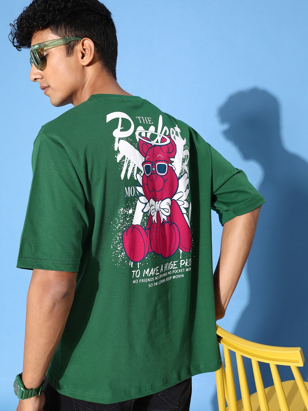 

FREE SOCIETY Men Graphic Printed Drop-Shoulder Sleeves Oversized Pure Cotton T-shirt, Green