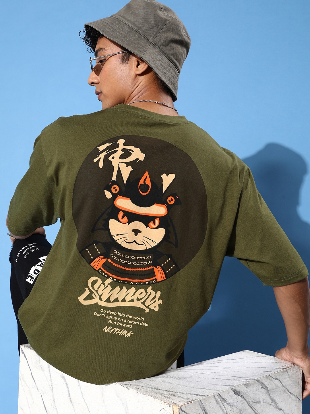 

FREE SOCIETY Men Printed Drop-Shoulder Sleeves Oversized Pure Cotton T-shirt, Olive