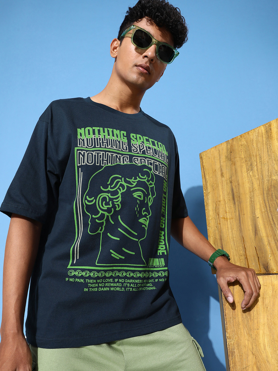 

FREE SOCIETY Men Graphic Printed Drop-Shoulder Sleeves Oversized Pure Cotton T-shirt, Navy blue