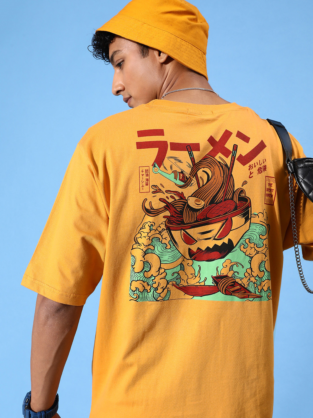 

FREE SOCIETY Men Printed Drop-Shoulder Sleeves Oversized Pure Cotton T-shirt, Mustard