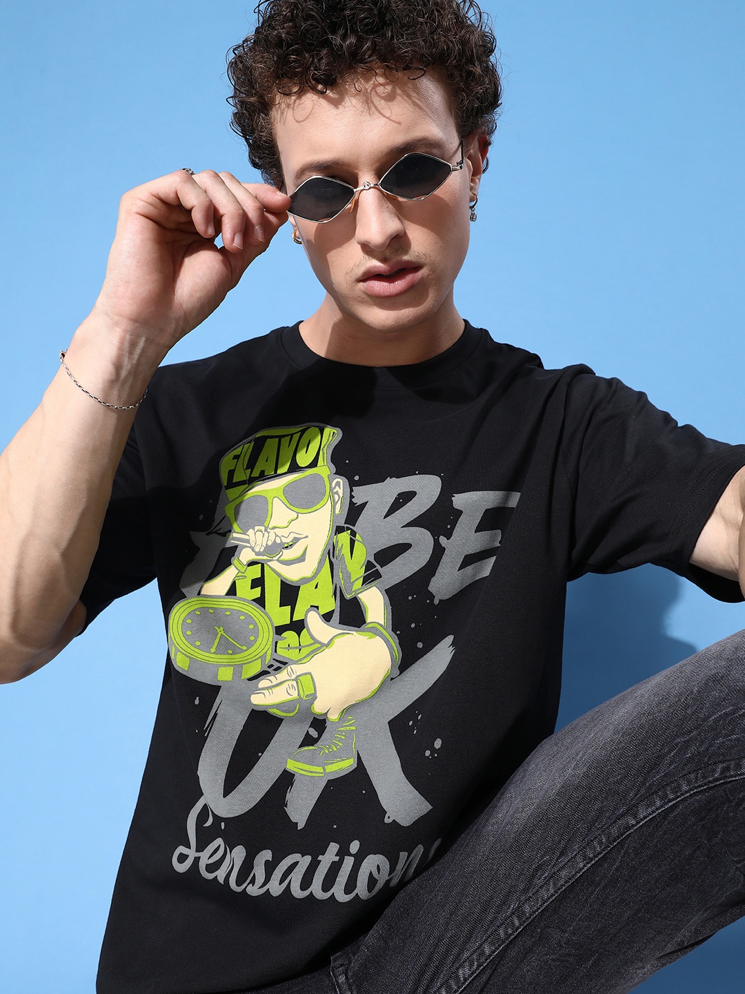 

FREE SOCIETY Men Printed Drop-Shoulder Sleeves Oversized Pure Cotton T-shirt, Black
