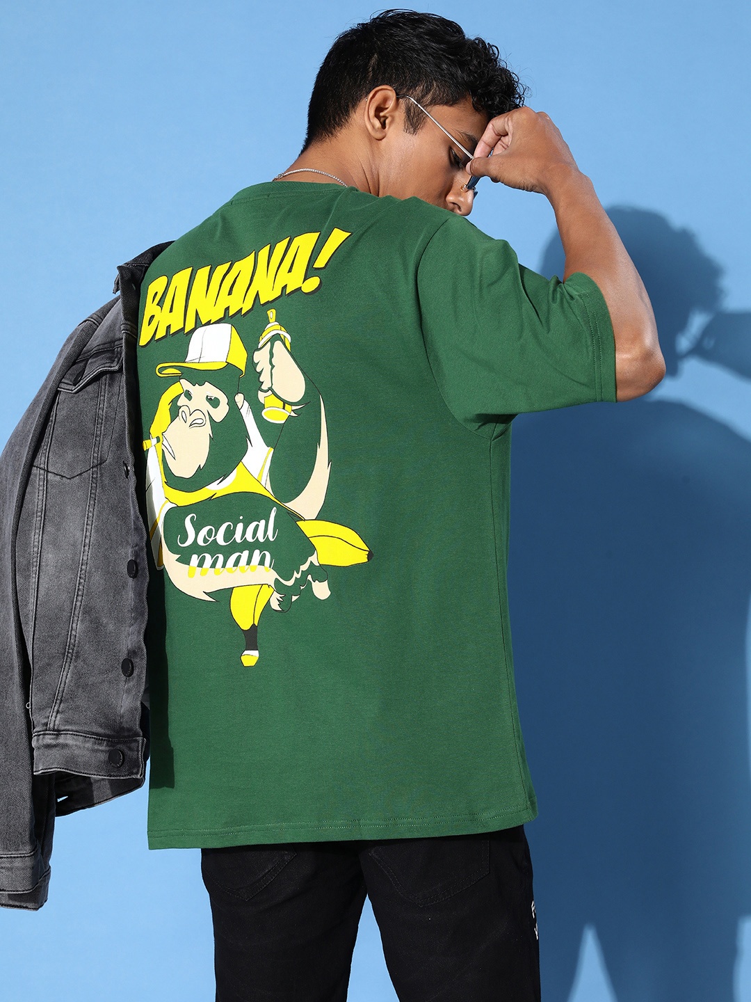 

FREE SOCIETY Men Printed Drop-Shoulder Sleeves Oversized Pure Cotton T-shirt, Green