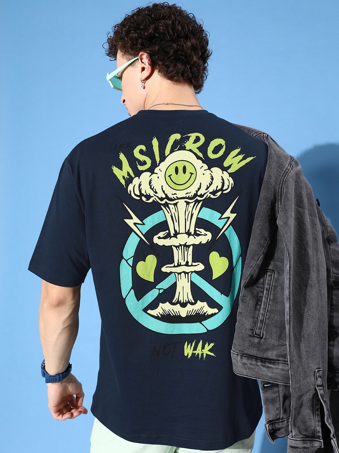 

FREE SOCIETY Men Printed Oversized Pure Cotton T-shirt, Navy blue