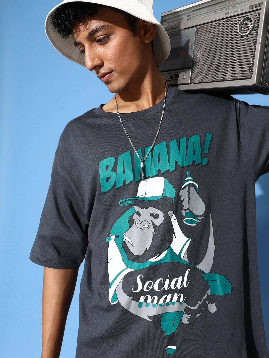 

FREE SOCIETY Men Printed Drop-Shoulder Sleeves Oversized Pure Cotton T-shirt, Grey