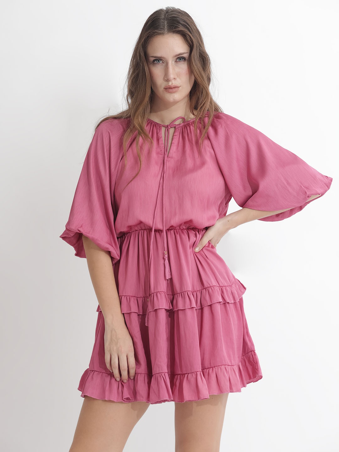 

RAREISM Tie-Up Neck Flared Sleeves Tiered Gathered Cotton Fit & Flare Mini Dress, Pink