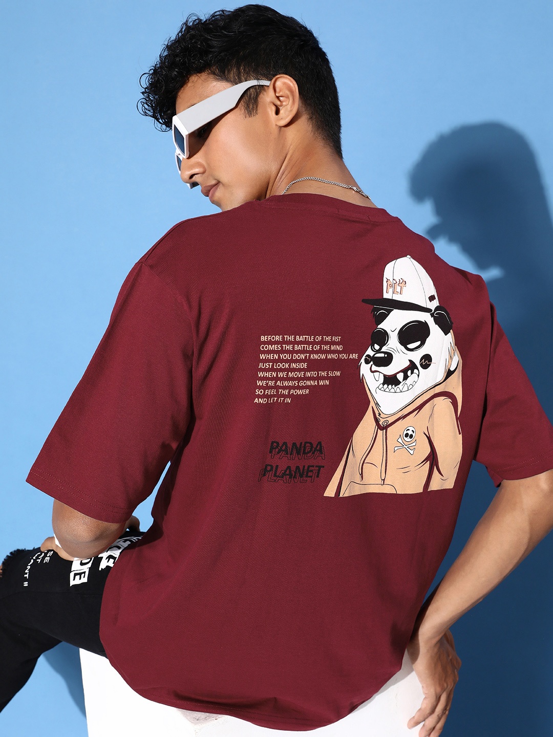 

FREE SOCIETY Men Printed Drop-Shoulder Sleeves Oversized Pure Cotton T-shirt, Maroon