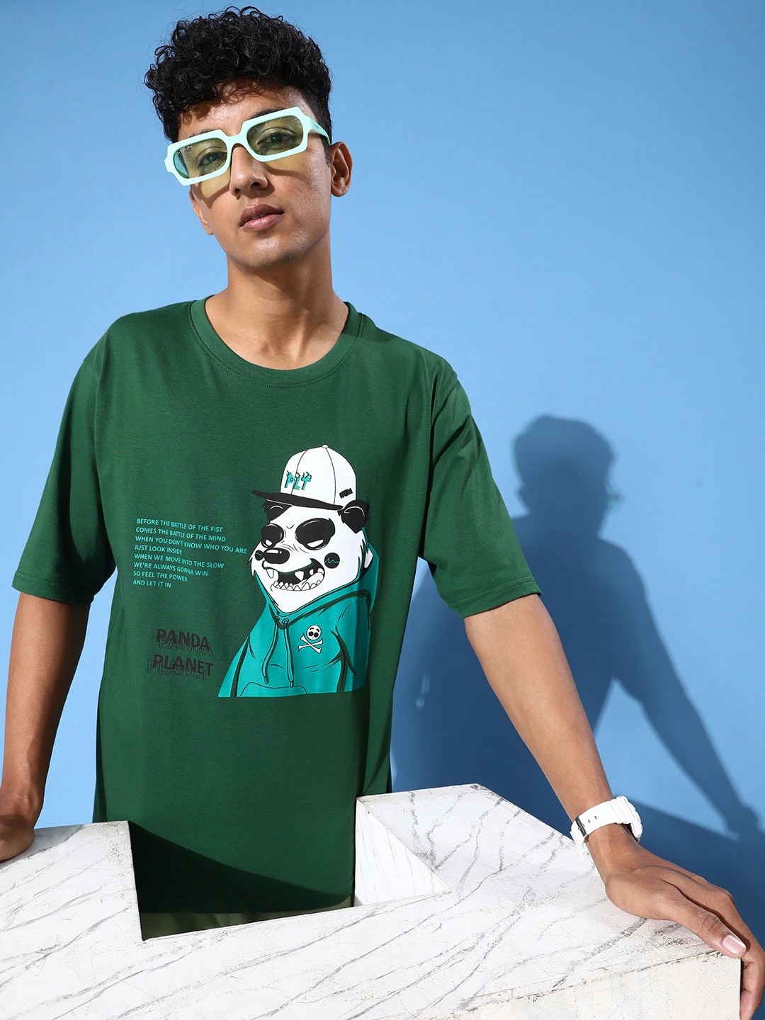 

FREE SOCIETY Men Graphic Printed Drop-Shoulder Sleeves Oversized Pure Cotton T-shirt, Green