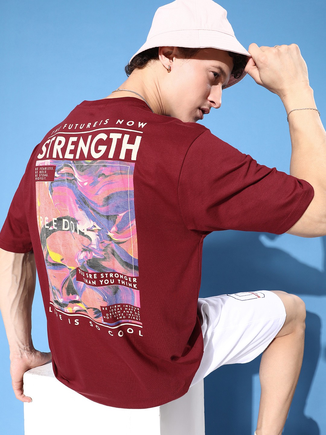 

FREE SOCIETY Men Graphic Printed Oversized T-shirt, Maroon