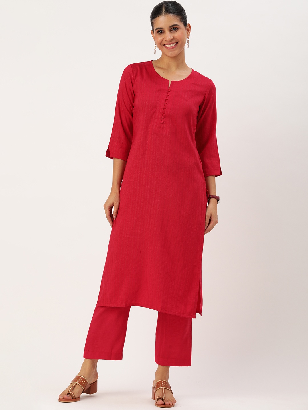 

KALINI Woven Design Striped Zari Regular Kurta with Trousers, Magenta