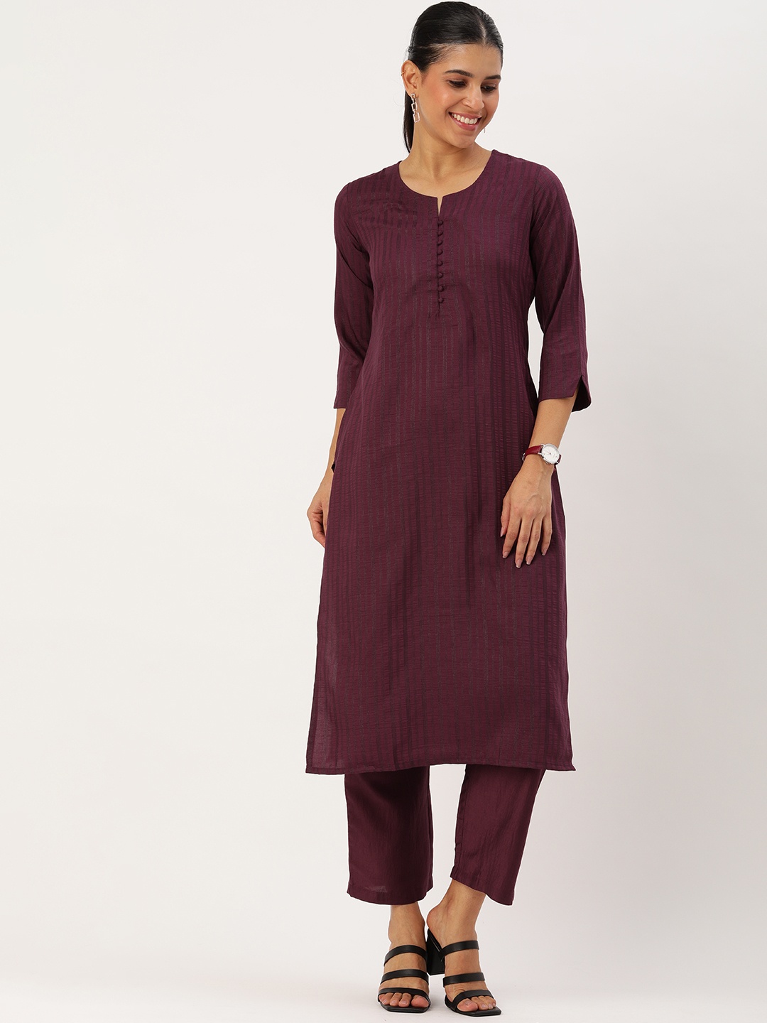 

KALINI Woven Design Striped Zari Regular Kurta with Trousers, Burgundy