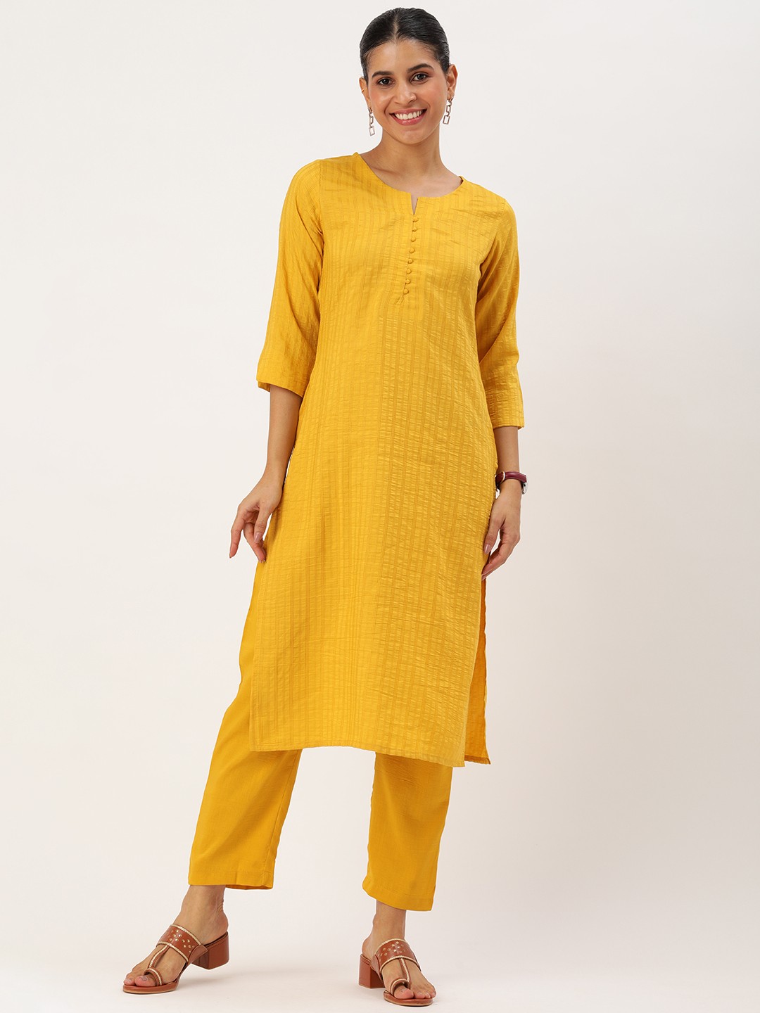 

KALINI Woven Design Striped Zari Regular Kurta with Trousers, Yellow