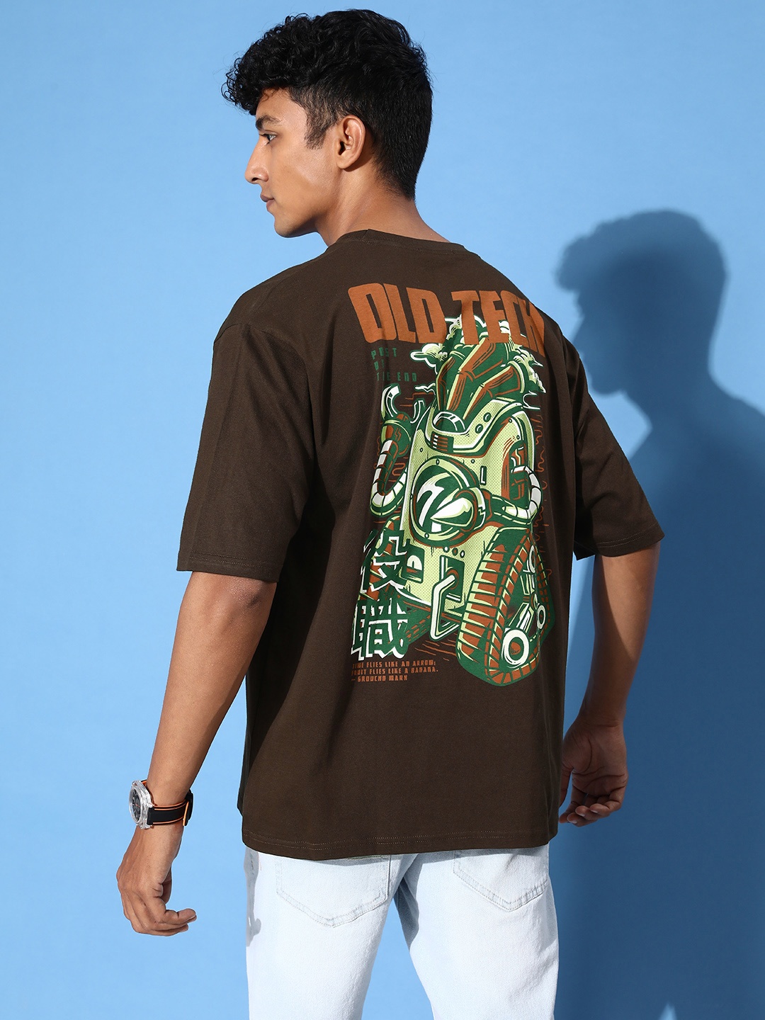 

FREE SOCIETY Men Graphic Printed Drop-Shoulder Sleeves Oversized Pure Cotton T-shirt, Brown