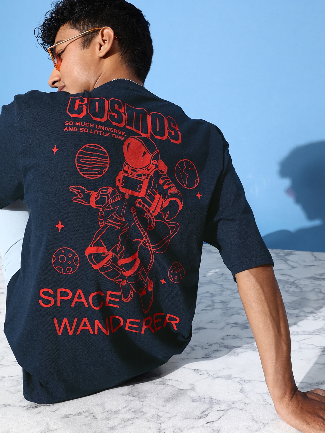 

FREE SOCIETY Men Printed Drop-Shoulder Sleeves Oversized Pure Cotton T-shirt, Navy blue