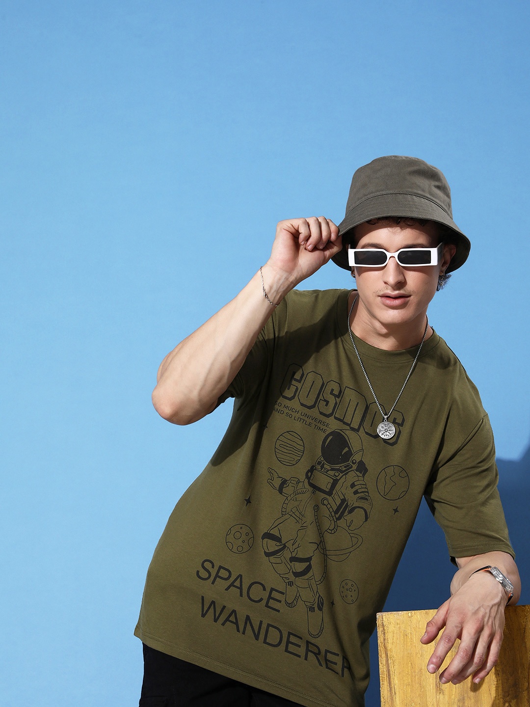 

FREE SOCIETY Men Graphic Printed Drop-Shoulder Sleeves Oversized Pure Cotton T-shirt, Olive