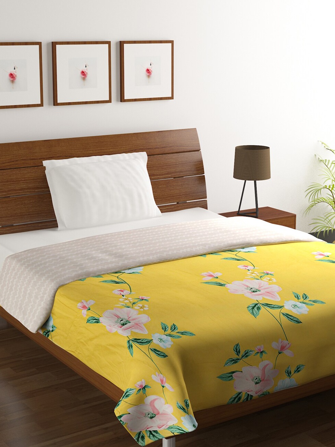 

HOMETALES Yellow & Pink Floral Microfiber AC Room 110 GSM Single Bed Dohar