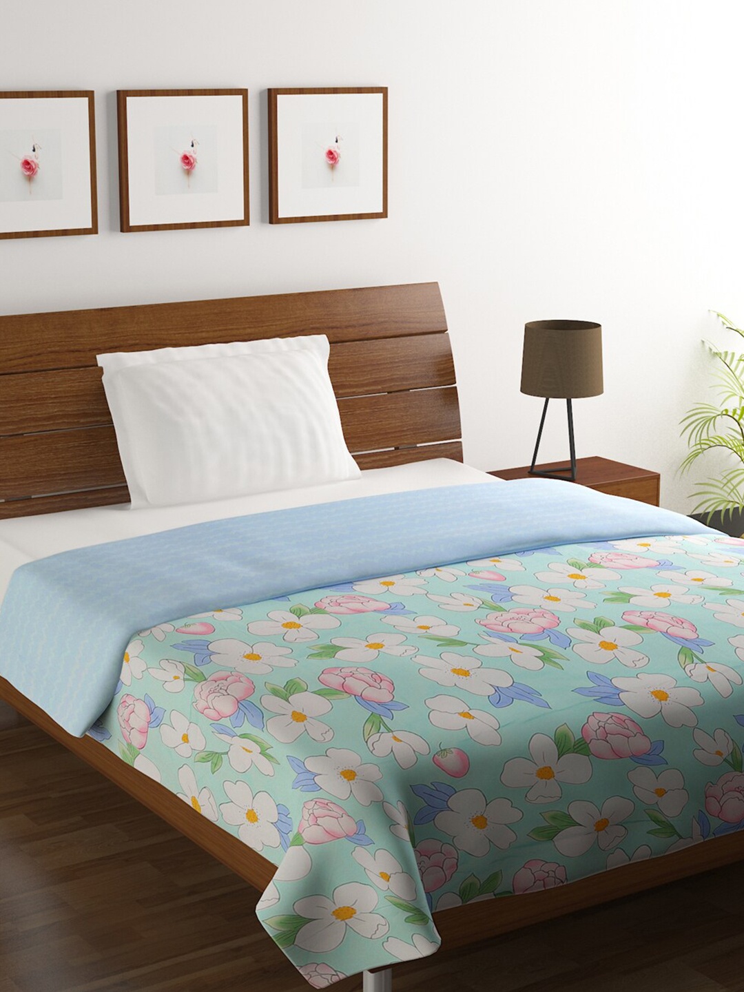 

HOMETALES Sea Green & White Floral Microfiber AC Room 110 GSM Single Bed Dohar
